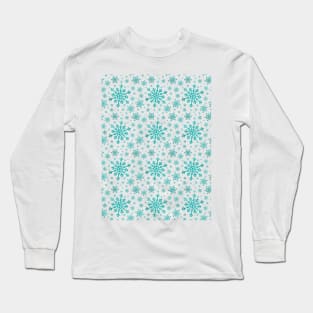 White & Teal Green Pretty Winter Snowflake Pattern Long Sleeve T-Shirt